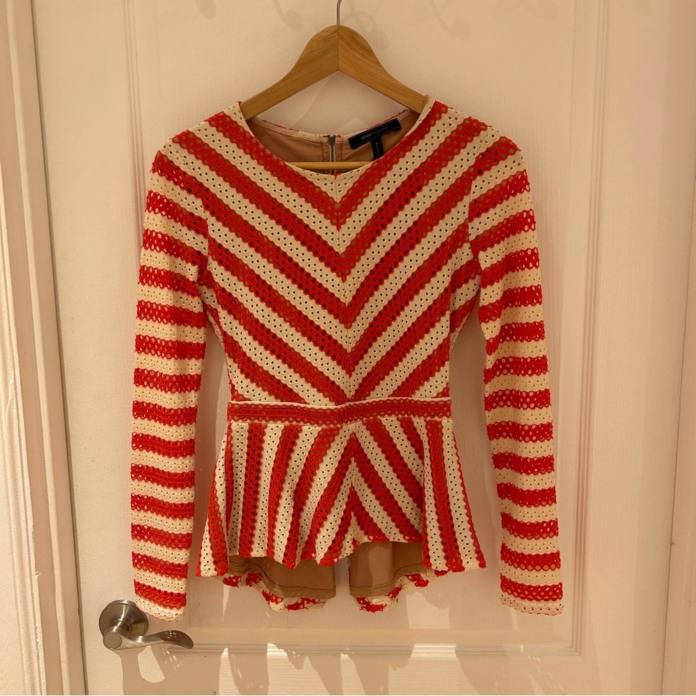 BCBG Max Azria Reddish-Orange & Cream Zip-Up blouse - XS